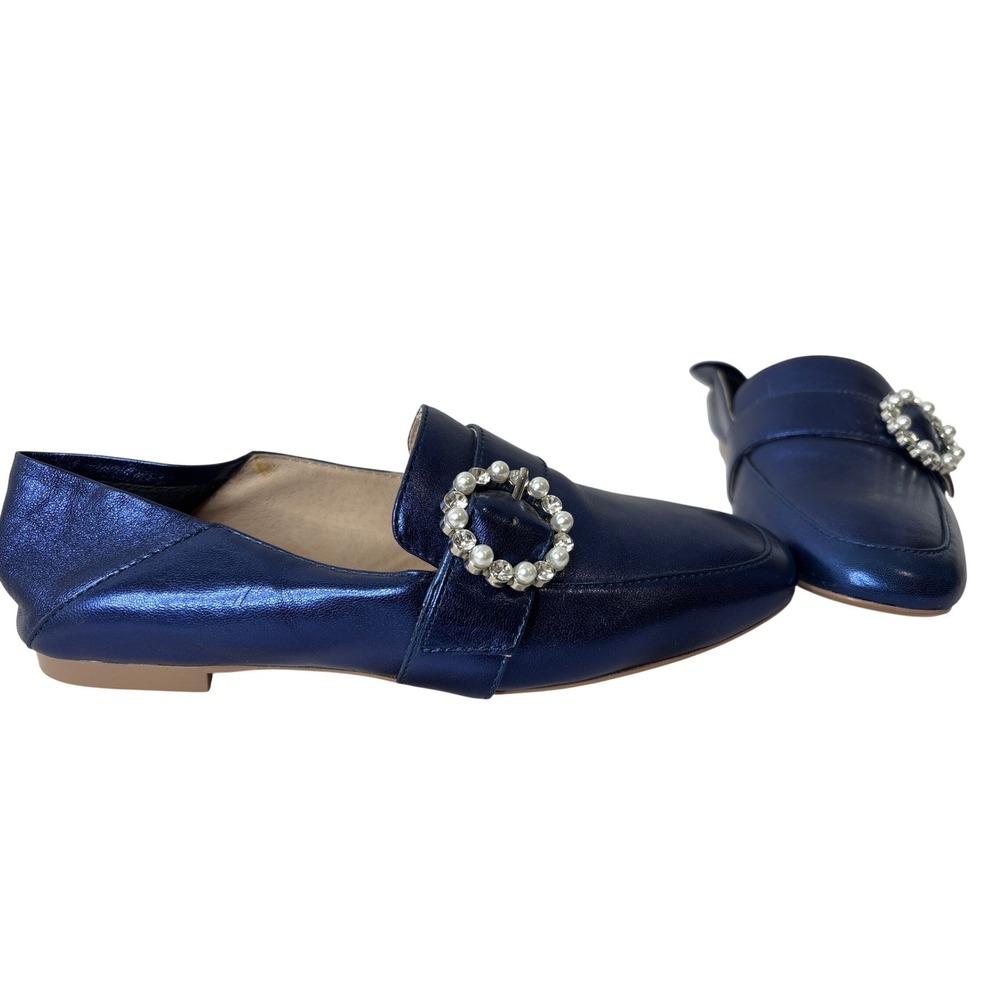 Ava & Aiden Womens Blue Metallic Loafers Sz 5 Crystal Pearl Buckle Shimmery Glam
